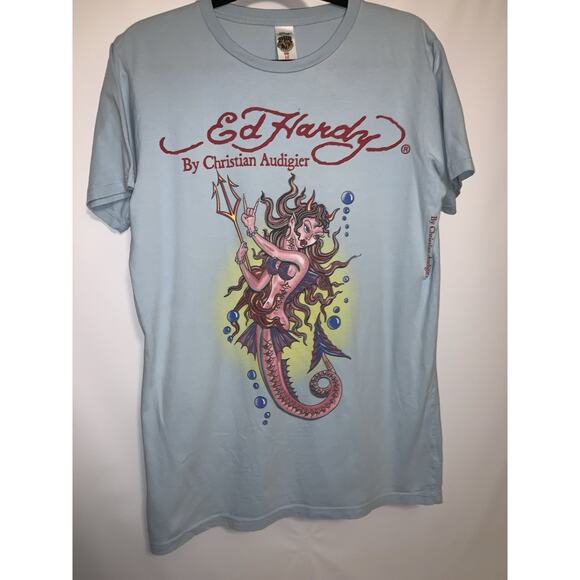 Ed Hardy Mermaid Design Blue T-Shirt By Christian Audigier Medium Vintage - Picture 2 of 7